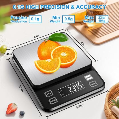 22lb Waterproof IPX67 Kitchen Scale with 0.1g/0.001oz High Precision, Large Stainless Steel Food Scale, 10 Unit, Washable, Hangable, USB Rechargeable, LCD Display, for Cooking, Baking