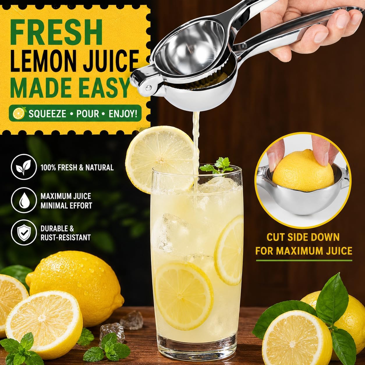 Premium Lemon Squeezer, Large Heavy Duty Handhelp Juicer for Lemon, Metal Hand Press Citrus Juicer, Lime Squeezer Bar Tool, Manual Citrus Press | Large bowl ergonomic handle easy handheld press for lemons and limes