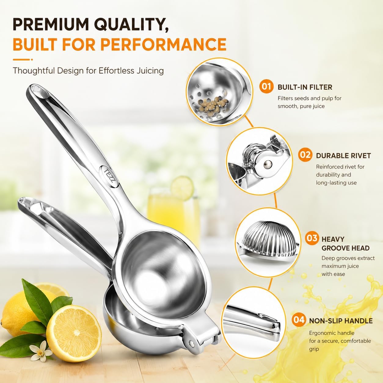 Premium Lemon Squeezer, Large Heavy Duty Handhelp Juicer for Lemon, Metal Hand Press Citrus Juicer, Lime Squeezer Bar Tool, Manual Citrus Press | Large bowl ergonomic handle easy handheld press for lemons and limes