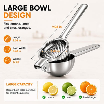Premium Lemon Squeezer, Large Heavy Duty Handhelp Juicer for Lemon, Metal Hand Press Citrus Juicer, Lime Squeezer Bar Tool, Manual Citrus Press | Large bowl ergonomic handle easy handheld press for lemons and limes