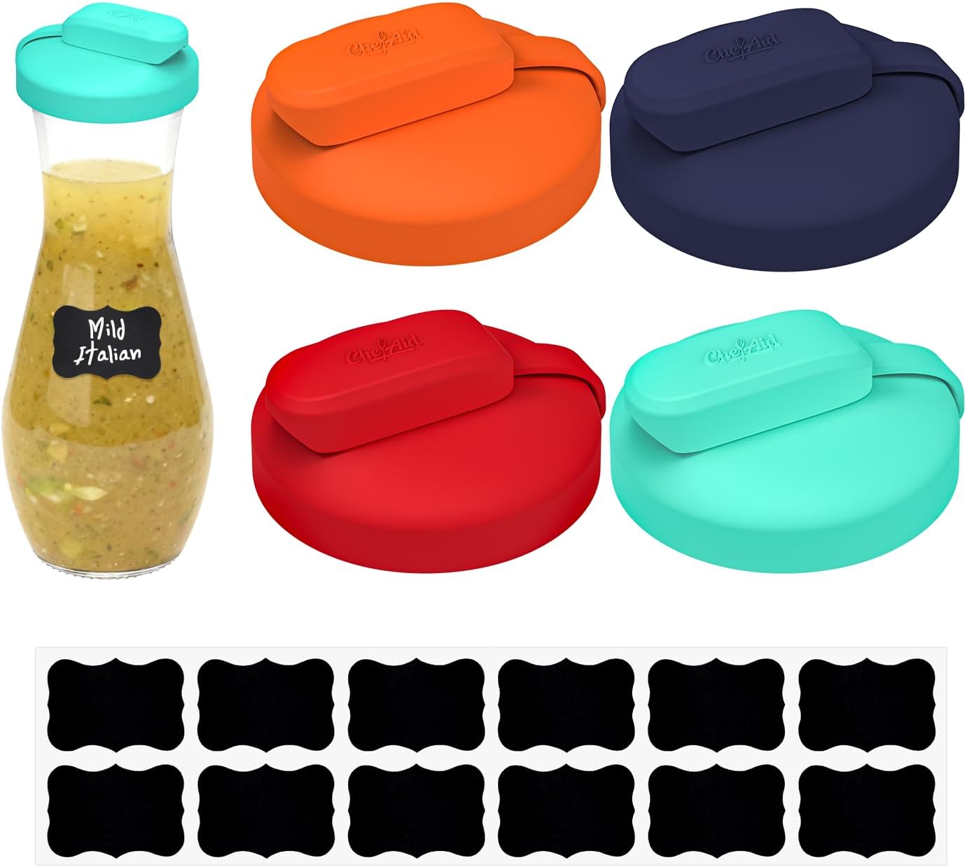 Silicone Replacement Lids Fit Good Seasons Cruet Bottle, 4 Pack | Shake It No Spills, Food Grade Silicone, Comes w/ Labels & Lids, BPA-Free, Airtight Seal, Reusable, Dishwasher Safe