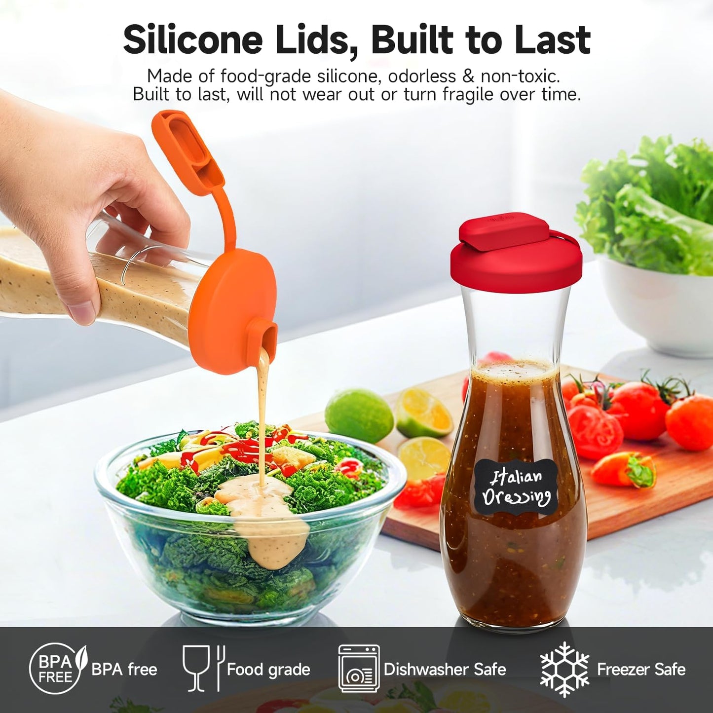 Silicone Replacement Lids Fit Good Seasons Cruet Bottle, 4 Pack | Shake It No Spills, Food Grade Silicone, Comes w/ Labels & Lids, BPA-Free, Airtight Seal, Reusable, Dishwasher Safe