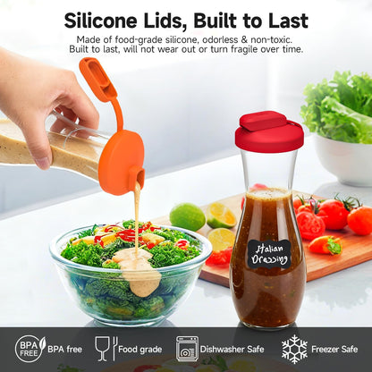 Silicone Replacement Lids Fit Good Seasons Cruet Bottle, 4 Pack | Shake It No Spills, Food Grade Silicone, Comes w/ Labels & Lids, BPA-Free, Airtight Seal, Reusable, Dishwasher Safe