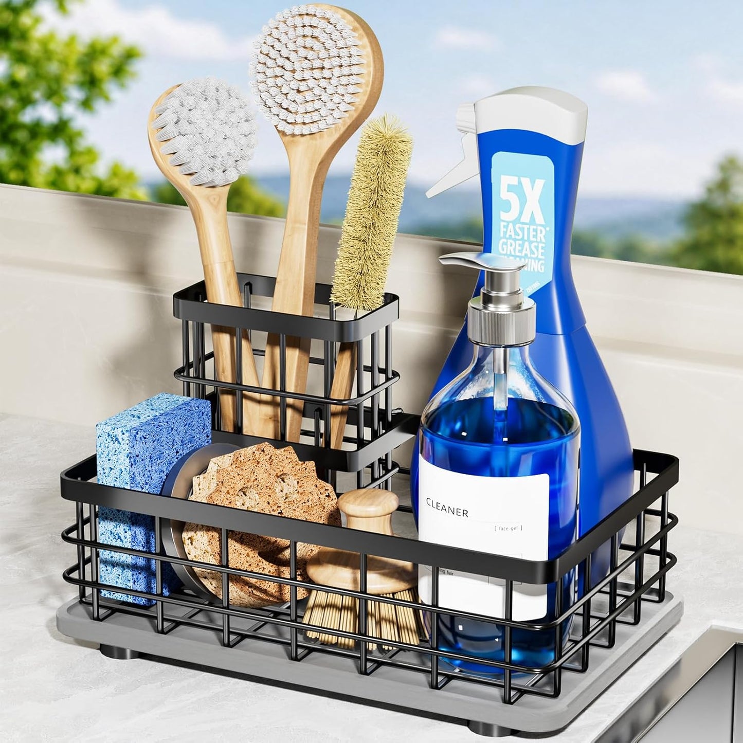 Extra Large Kitchen Sink Caddy Organizer, Stainless Steel Sponge Holder for Kitchen Sink with Brush Holder, Diatomite Stone Sink Tray for Soap Dispenser, Sponge, Bathroom Countertop Organizer, Black