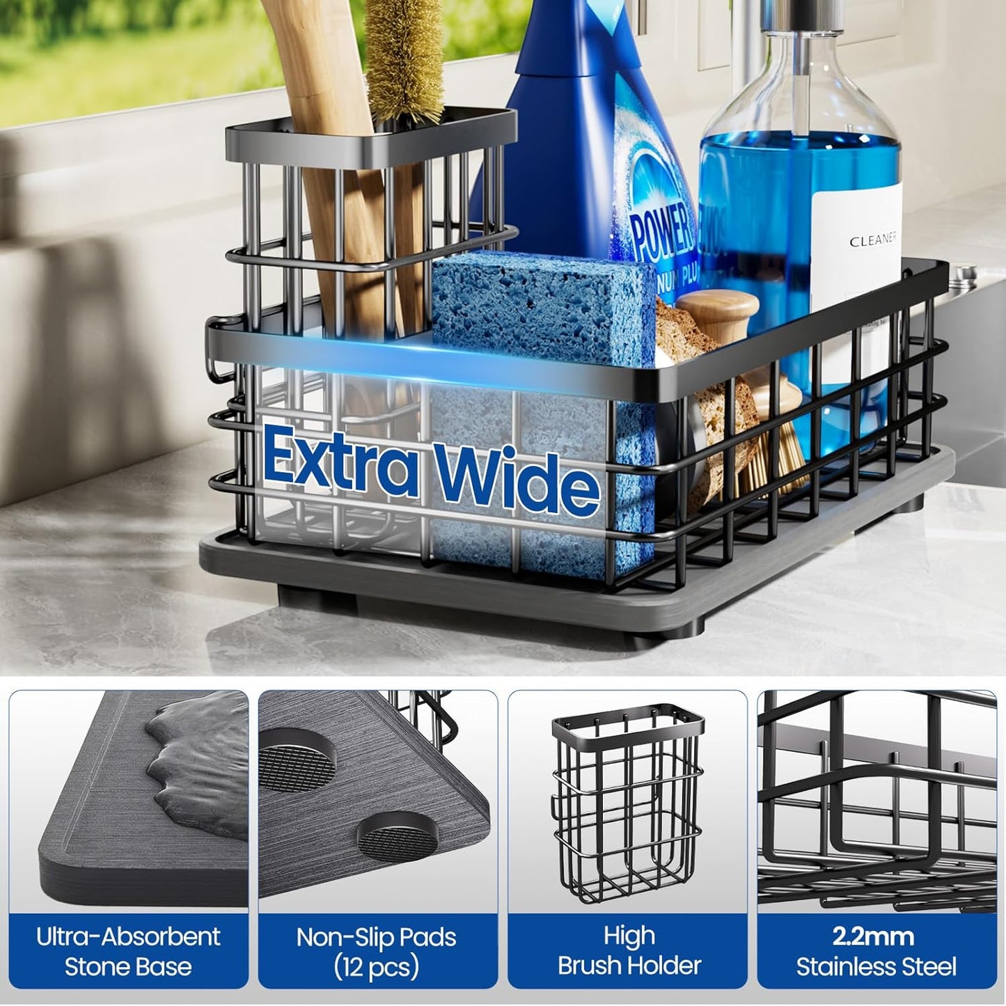 Extra Large Kitchen Sink Caddy Organizer, Stainless Steel Sponge Holder for Kitchen Sink with Brush Holder, Diatomite Stone Sink Tray for Soap Dispenser, Sponge, Bathroom Countertop Organizer, Black