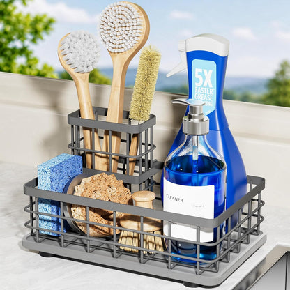 Extra Large Kitchen Sink Caddy Organizer, Stainless Steel Sponge Holder for Kitchen Sink with Brush Holder, Diatomite Stone Sink Tray for Soap Dispenser, Sponge, Bathroom Countertop Organizer, Black