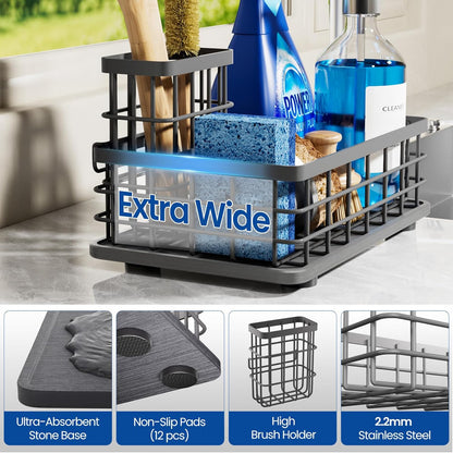 Extra Large Kitchen Sink Caddy Organizer, Stainless Steel Sponge Holder for Kitchen Sink with Brush Holder, Diatomite Stone Sink Tray for Soap Dispenser, Sponge, Bathroom Countertop Organizer, Black