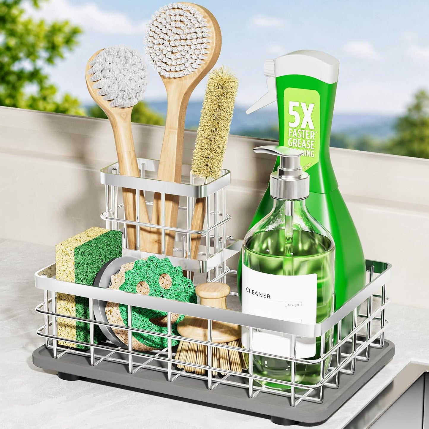 Extra Large Kitchen Sink Caddy Organizer, Stainless Steel Sponge Holder for Kitchen Sink with Brush Holder, Diatomite Stone Sink Tray for Soap Dispenser, Sponge, Bathroom Countertop Organizer, Black
