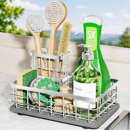 Extra Large Kitchen Sink Caddy Organizer, Stainless Steel Sponge Holder for Kitchen Sink with Brush Holder, Diatomite Stone Sink Tray for Soap Dispenser, Sponge, Bathroom Countertop Organizer, Black
