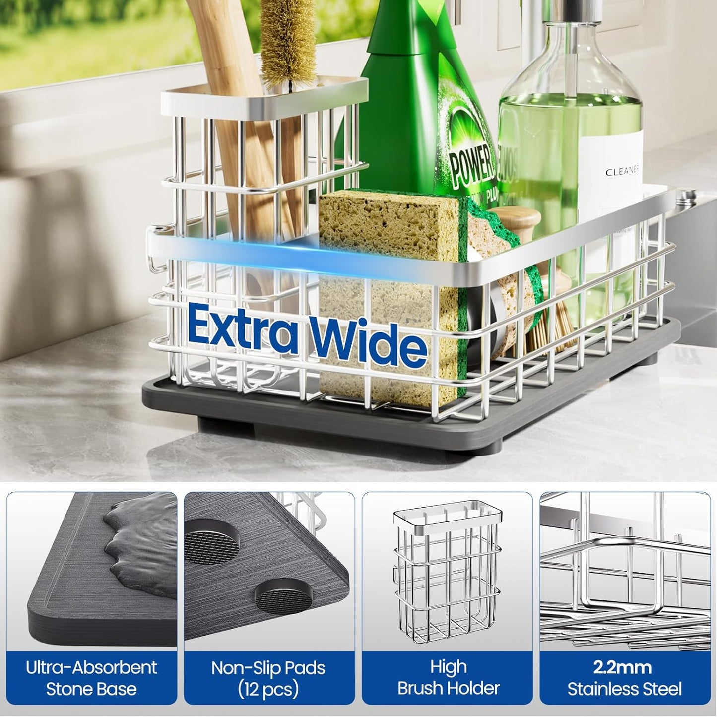 Extra Large Kitchen Sink Caddy Organizer, Stainless Steel Sponge Holder for Kitchen Sink with Brush Holder, Diatomite Stone Sink Tray for Soap Dispenser, Sponge, Bathroom Countertop Organizer, Black