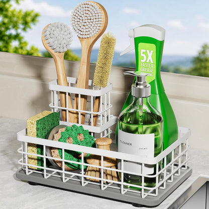 Extra Large Kitchen Sink Caddy Organizer, Stainless Steel Sponge Holder for Kitchen Sink with Brush Holder, Diatomite Stone Sink Tray for Soap Dispenser, Sponge, Bathroom Countertop Organizer, Black
