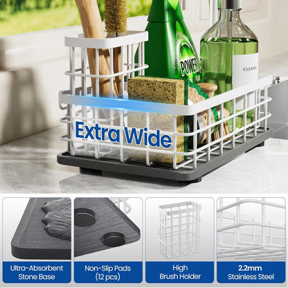 Extra Large Kitchen Sink Caddy Organizer, Stainless Steel Sponge Holder for Kitchen Sink with Brush Holder, Diatomite Stone Sink Tray for Soap Dispenser, Sponge, Bathroom Countertop Organizer, Black