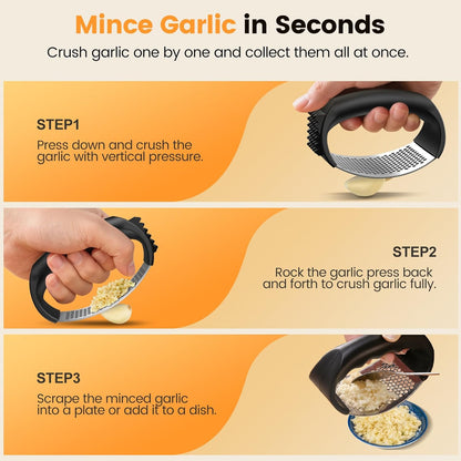Garlic Press Rocker Set with Garlic Peeler & Cleaning Brush,Stainless Steel Garlic Mincer Crusher,Easy Kitchen Gadget for Effortless Smashing,Kitchen Essentials,Home and Kitchen Utensils Accessories