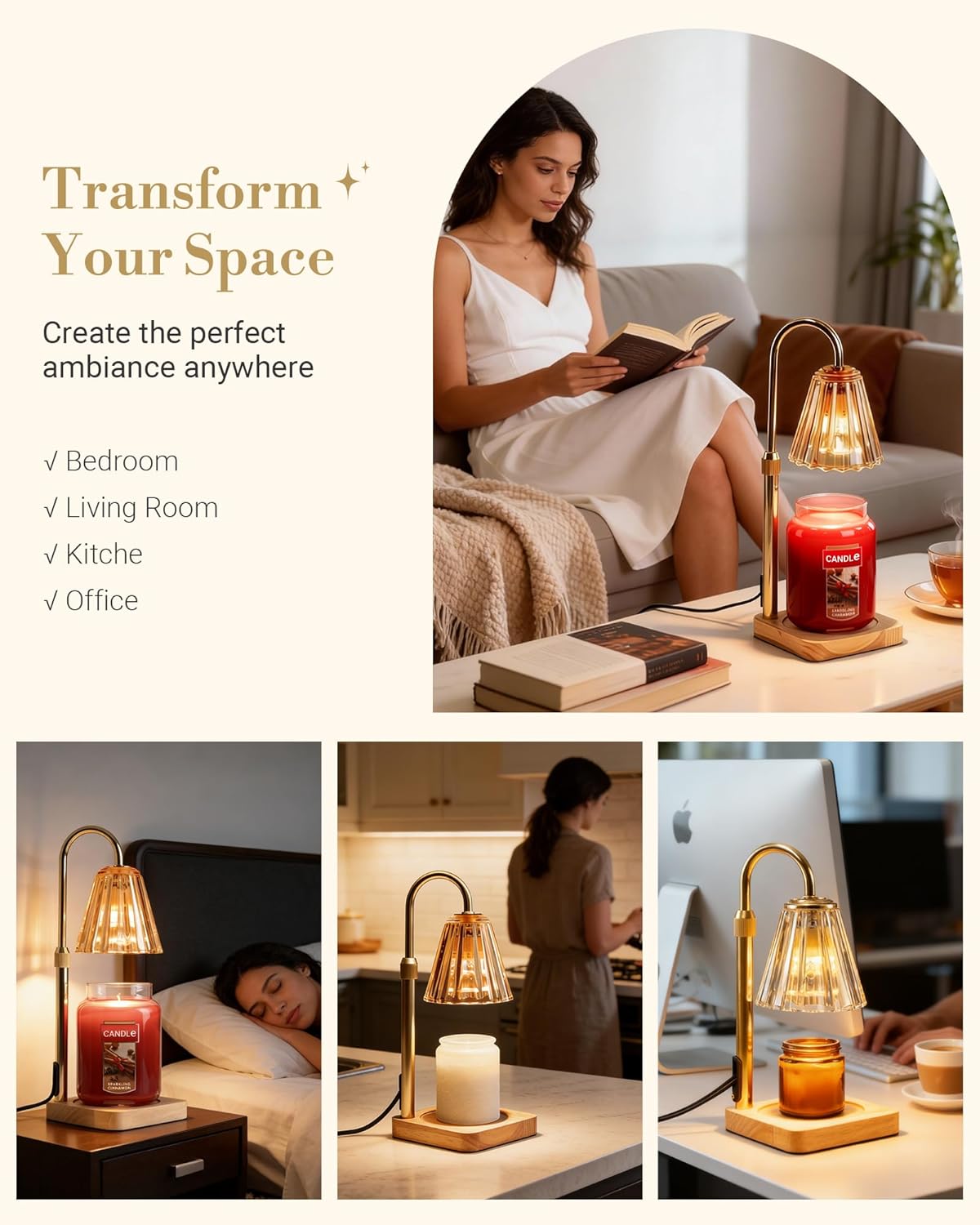 Candle Warmer Lamp with Timer & Dimmer - Mothers Day Gifts for Women Mom Her, Aesthetic Office Home Decor, Adjustable Height Wax Melter for Candle Jar & 3-Wick Candles (2 Bulbs Included)