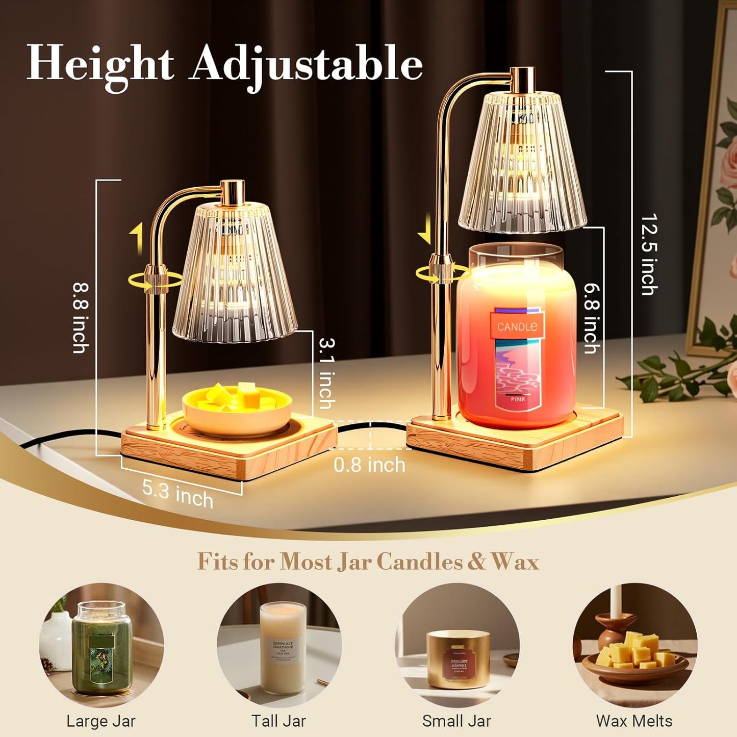 Candle Warmer Lamp with Timer & Dimmer - Mothers Day Gifts for Women Mom Her, Aesthetic Office Home Decor, Adjustable Height Wax Melter for Candle Jar & 3-Wick Candles (2 Bulbs Included)
