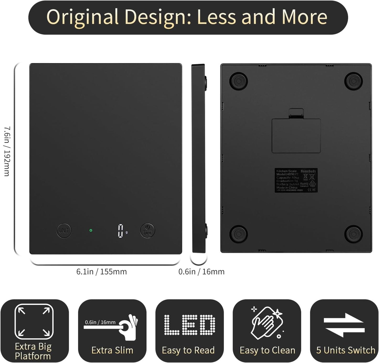 22lb/10kg Food Scale, Precision 0.1oz/1g by Our Professional Scale Factory Since 2001, Kitchen Scales Digital Weight Grams and Ounces for Cooking and Baking, LED, 3*AAA Batteries, Black