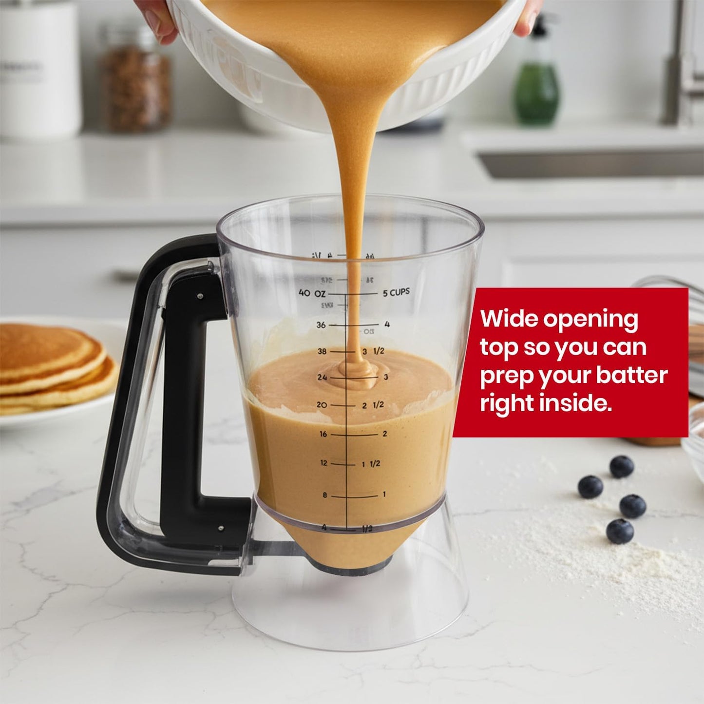 Pancake dispenser, 5-Cup capacity for Batter, Cupcake Batter Dispenser, Waffles & Crepes, Easy Squeeze Handle, Dishwasher Safe - Red Pancake Mix Dispenser