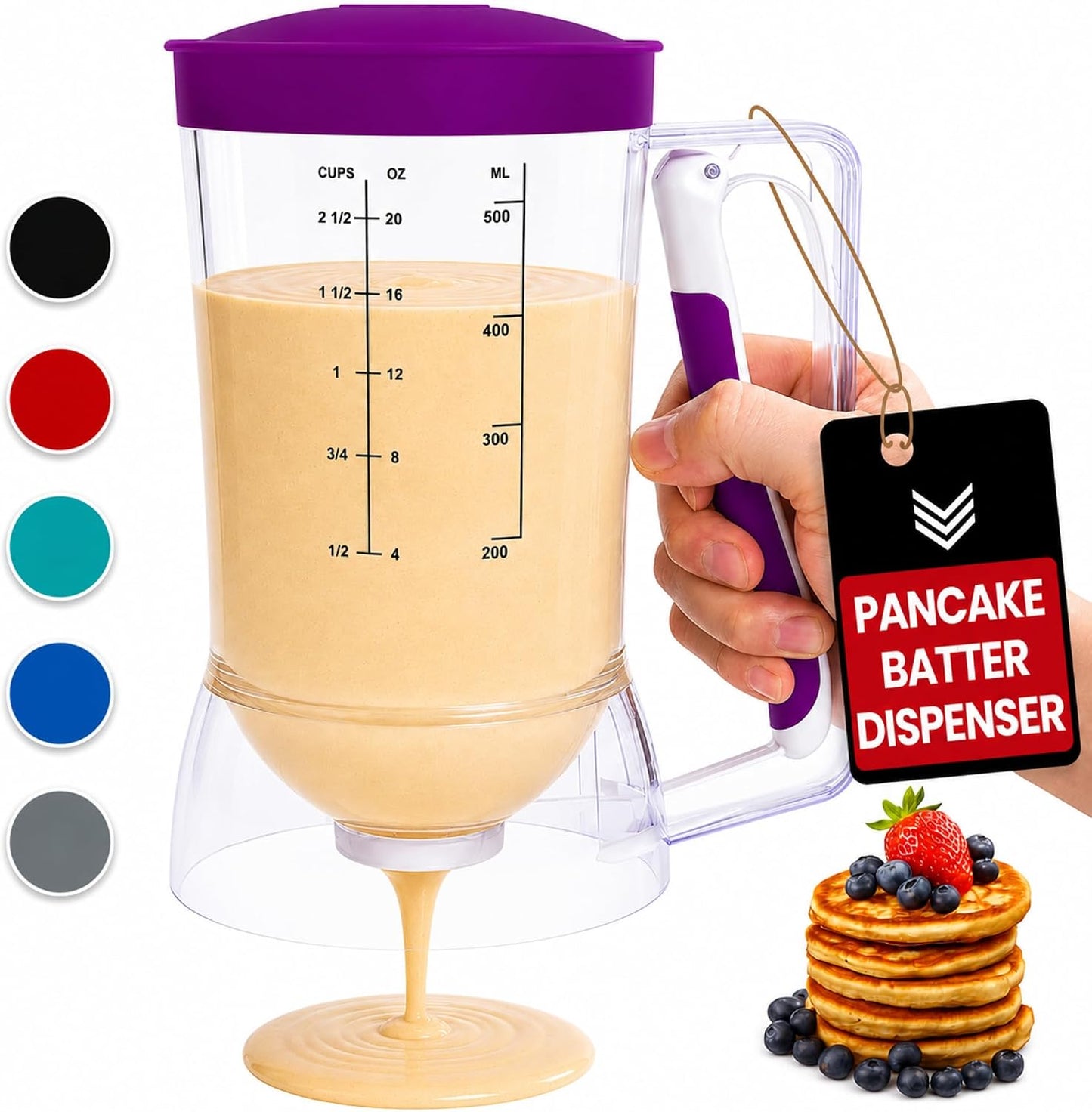 Pancake dispenser, 5-Cup capacity for Batter, Cupcake Batter Dispenser, Waffles & Crepes, Easy Squeeze Handle, Dishwasher Safe - Red Pancake Mix Dispenser