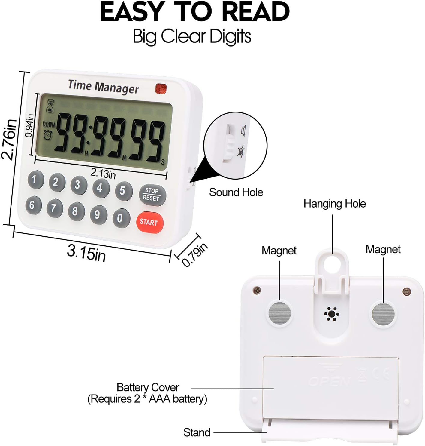 Magnetic Digital Kitchen Timer with Direct Numerical Keypad, Loud Alarm - 99Hr Countdown Count Up Timer for Cooking Baking Classroom, Batteries Included