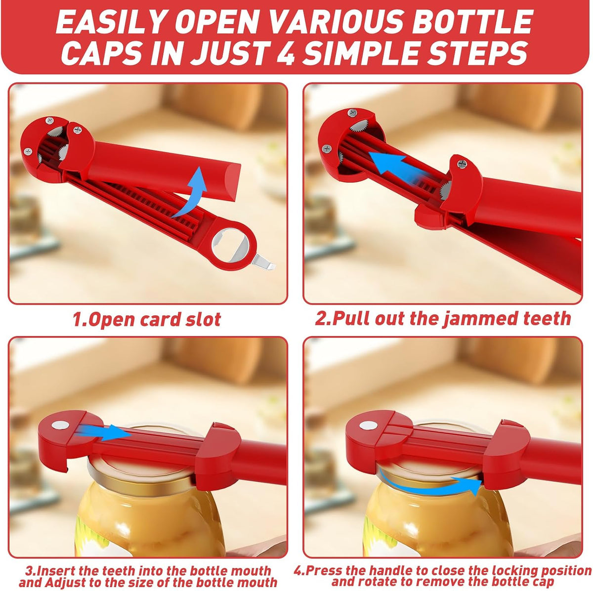 Jar Opener Bottle Opener for Seniors with Arthritis, Multi Retractable Magnetic Can Opener, Jar Grippers for Opening Jars, Kitchen Gadgets for Weak Hands and Senior Arthritis (Blue)