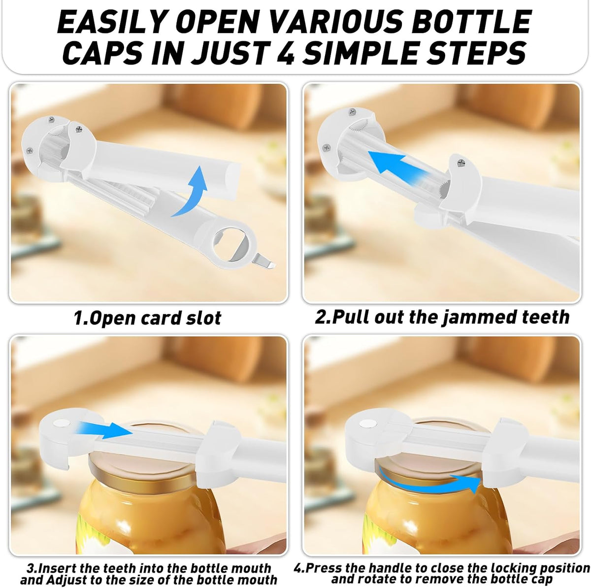 Jar Opener Bottle Opener for Seniors with Arthritis, Multi Retractable Magnetic Can Opener, Jar Grippers for Opening Jars, Kitchen Gadgets for Weak Hands and Senior Arthritis (Blue)