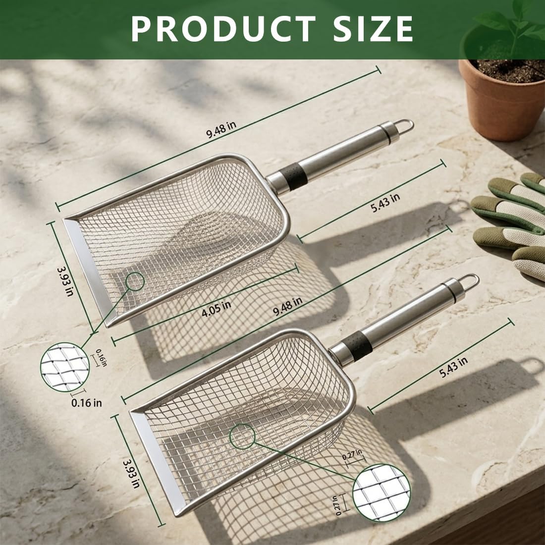 2pcs Gardening Soil Sifter with Stainless Steel Handle Sand Soil Compost Sifter 0.15/0.27 Inch Mesh Screen for Sand,Dirt, Rock,Compost,Filtration