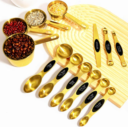 13pcs Gold Stainless Steel Measuring Cups and Spoons Set, 8 Double-Sided Magnetic Measuring Spoons Set & 4 Metal Measuring Cups & 1 Leveler for Kitchen Dry & Liquid Cooking Baking