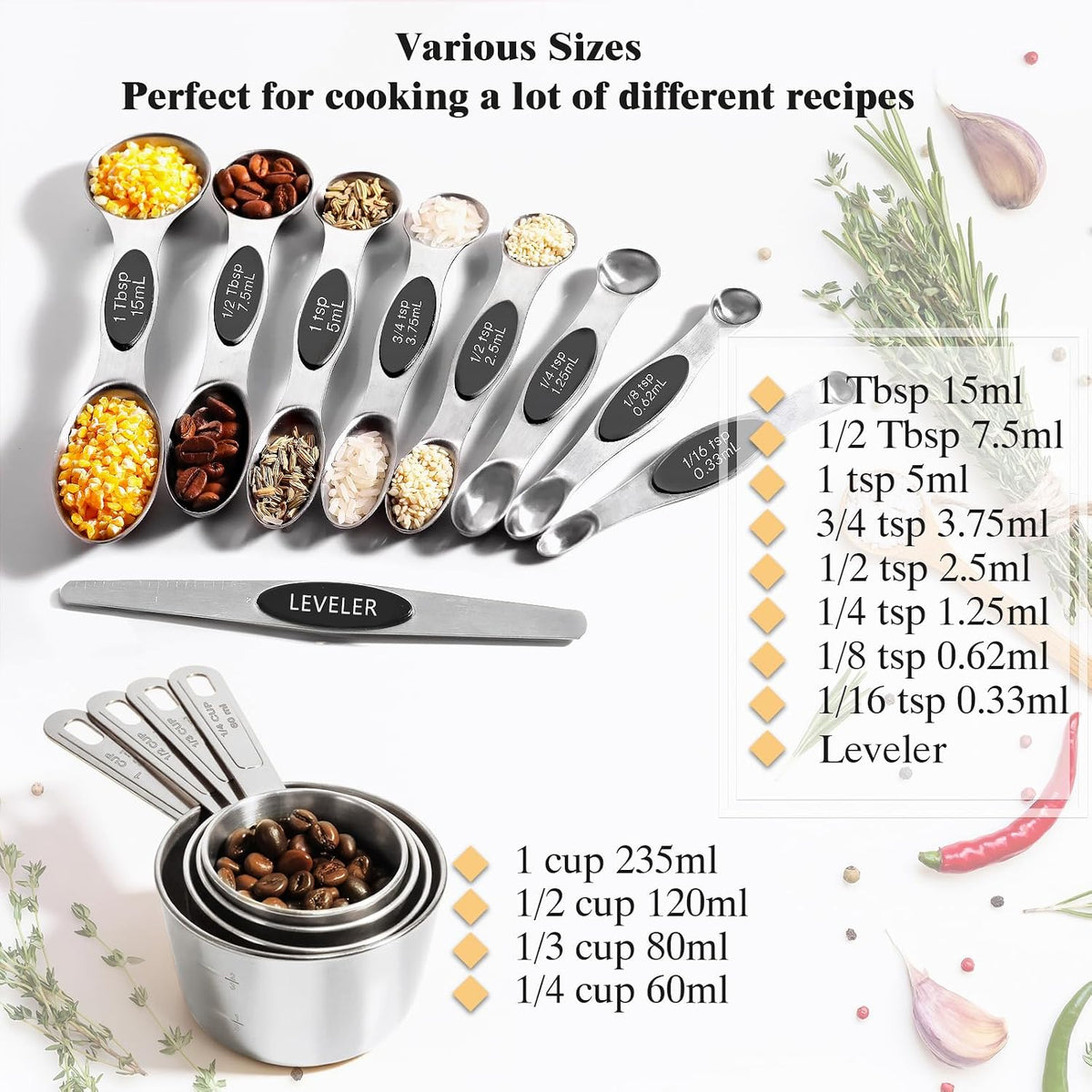 13pcs Gold Stainless Steel Measuring Cups and Spoons Set, 8 Double-Sided Magnetic Measuring Spoons Set & 4 Metal Measuring Cups & 1 Leveler for Kitchen Dry & Liquid Cooking Baking