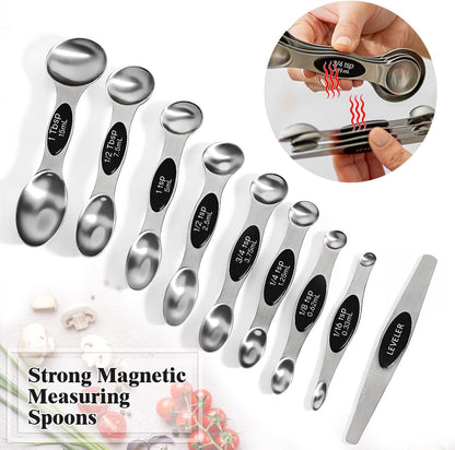 13pcs Gold Stainless Steel Measuring Cups and Spoons Set, 8 Double-Sided Magnetic Measuring Spoons Set & 4 Metal Measuring Cups & 1 Leveler for Kitchen Dry & Liquid Cooking Baking