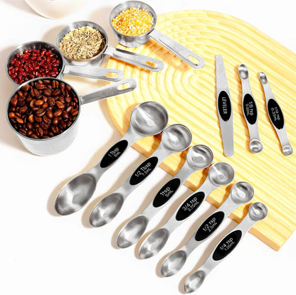 13pcs Gold Stainless Steel Measuring Cups and Spoons Set, 8 Double-Sided Magnetic Measuring Spoons Set & 4 Metal Measuring Cups & 1 Leveler for Kitchen Dry & Liquid Cooking Baking