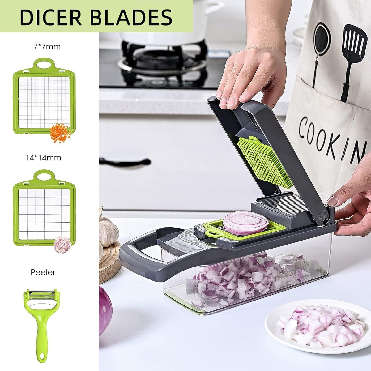 Vegetable Chopper: 16 in 1 Food Chopper - Onion Vegetable Slicer Cutter Dicer, Veggie Cutter with Container, 7 Blades, Kitchen Gadgets for Carrot Salad Garlic Potato Slicer (Grey)