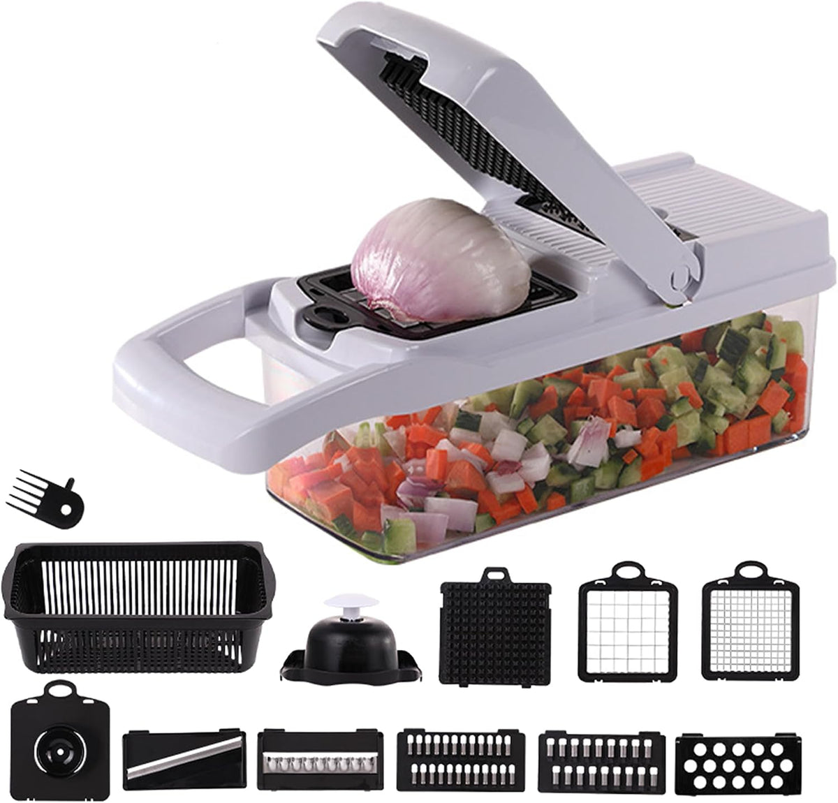 Vegetable Chopper: 16 in 1 Food Chopper - Onion Vegetable Slicer Cutter Dicer, Veggie Cutter with Container, 7 Blades, Kitchen Gadgets for Carrot Salad Garlic Potato Slicer (Grey)