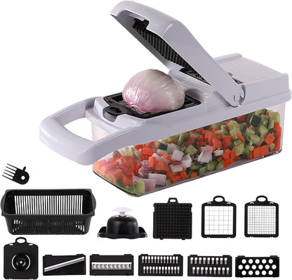 Vegetable Chopper: 16 in 1 Food Chopper - Onion Vegetable Slicer Cutter Dicer, Veggie Cutter with Container, 7 Blades, Kitchen Gadgets for Carrot Salad Garlic Potato Slicer (Grey)