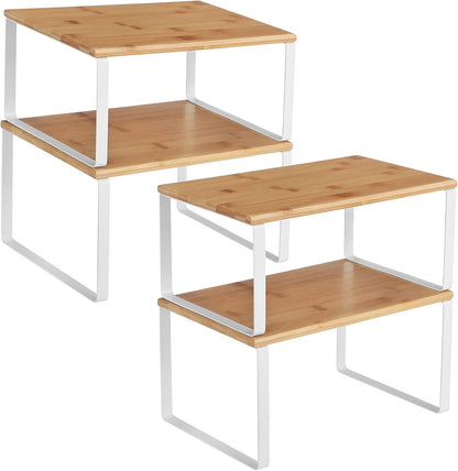 Cabinet Organizer Shelf, Set of 4 Kitchen Counter Shelves, Kitchen Storage, Spice Rack, Stackable, Expandable, Metal and Engineered Wood, Cloud White and Natural Beige UKCS010N01