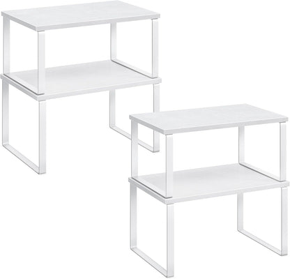 Cabinet Organizer Shelf, Set of 4 Kitchen Counter Shelves, Kitchen Storage, Spice Rack, Stackable, Expandable, Metal and Engineered Wood, Cloud White and Natural Beige UKCS010N01