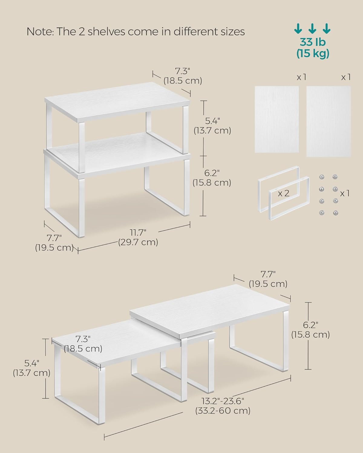 Cabinet Organizer Shelf, Set of 4 Kitchen Counter Shelves, Kitchen Storage, Spice Rack, Stackable, Expandable, Metal and Engineered Wood, Cloud White and Natural Beige UKCS010N01