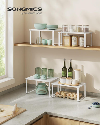 Cabinet Organizer Shelf, Set of 4 Kitchen Counter Shelves, Kitchen Storage, Spice Rack, Stackable, Expandable, Metal and Engineered Wood, Cloud White and Natural Beige UKCS010N01