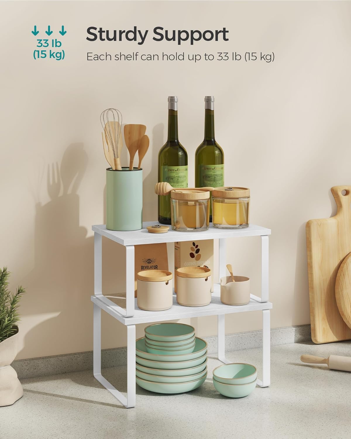 Cabinet Organizer Shelf, Set of 4 Kitchen Counter Shelves, Kitchen Storage, Spice Rack, Stackable, Expandable, Metal and Engineered Wood, Cloud White and Natural Beige UKCS010N01