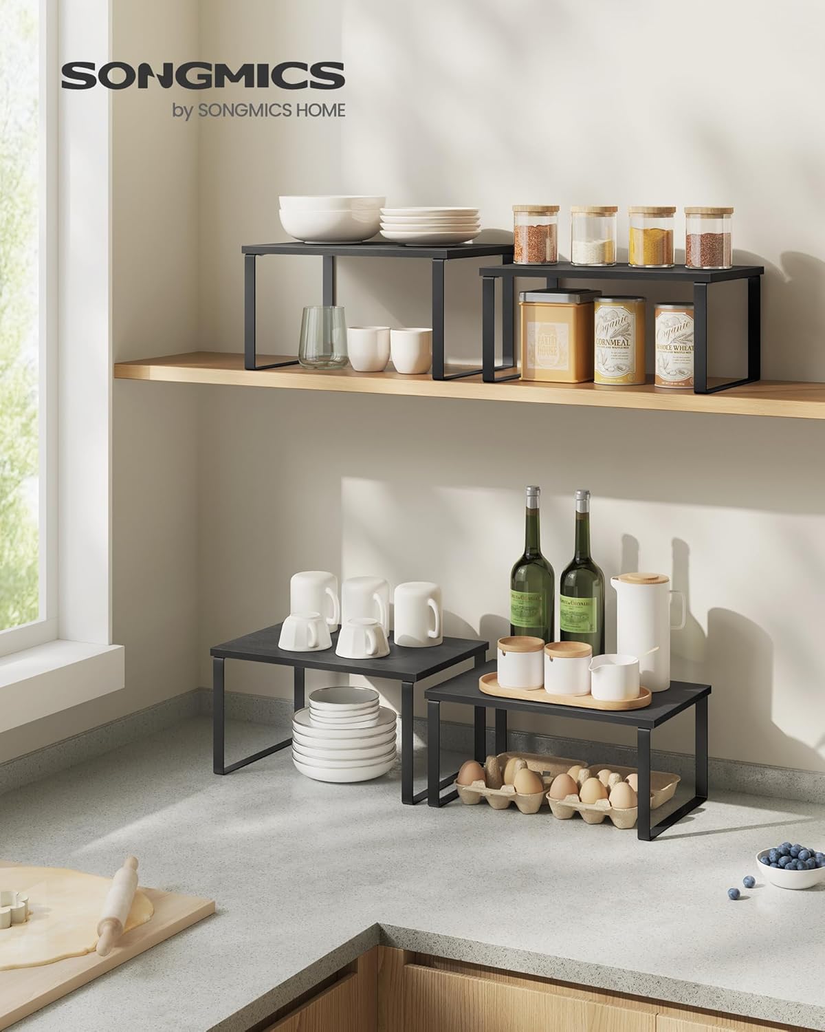 Cabinet Organizer Shelf, Set of 4 Kitchen Counter Shelves, Kitchen Storage, Spice Rack, Stackable, Expandable, Metal and Engineered Wood, Cloud White and Natural Beige UKCS010N01