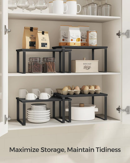 Cabinet Organizer Shelf, Set of 4 Kitchen Counter Shelves, Kitchen Storage, Spice Rack, Stackable, Expandable, Metal and Engineered Wood, Cloud White and Natural Beige UKCS010N01