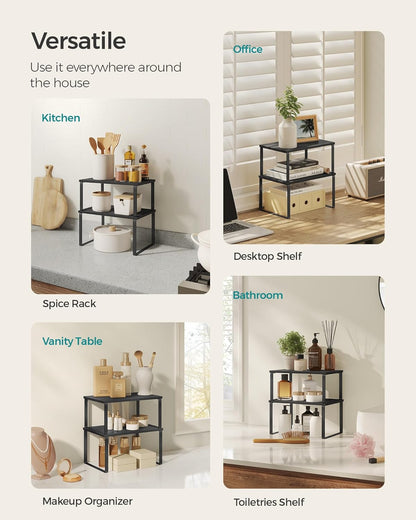 Cabinet Organizer Shelf, Set of 4 Kitchen Counter Shelves, Kitchen Storage, Spice Rack, Stackable, Expandable, Metal and Engineered Wood, Cloud White and Natural Beige UKCS010N01