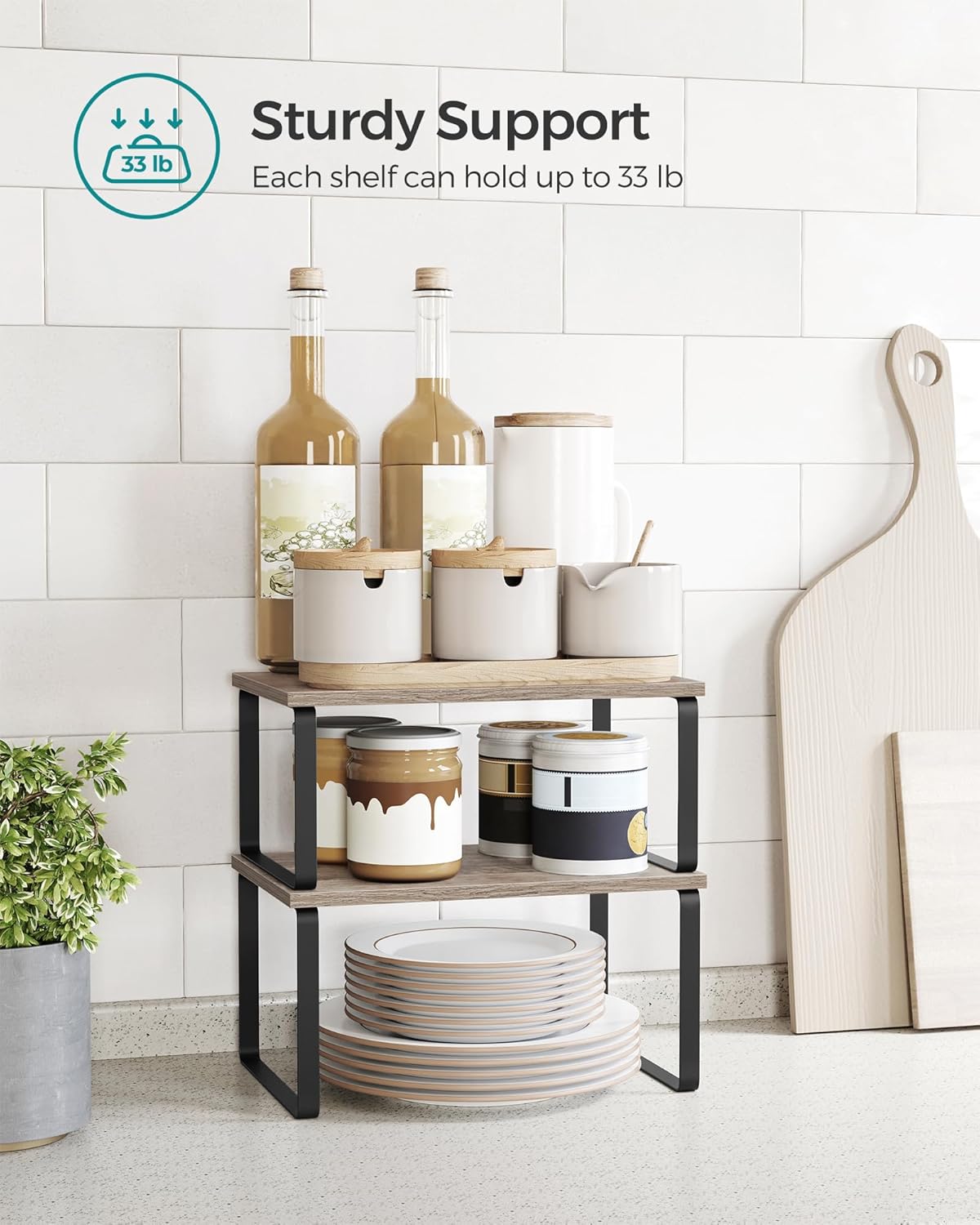 Cabinet Organizer Shelf, Set of 4 Kitchen Counter Shelves, Kitchen Storage, Spice Rack, Stackable, Expandable, Metal and Engineered Wood, Cloud White and Natural Beige UKCS010N01