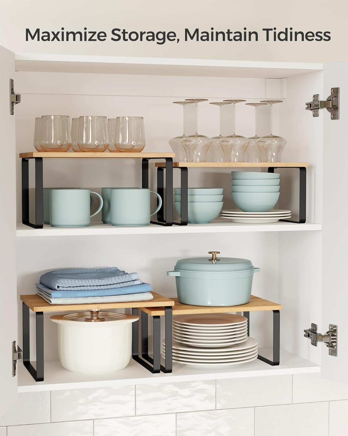 Cabinet Organizer Shelf, Set of 4 Kitchen Counter Shelves, Kitchen Storage, Spice Rack, Stackable, Expandable, Metal and Engineered Wood, Cloud White and Natural Beige UKCS010N01