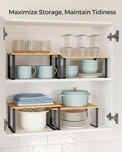 Cabinet Organizer Shelf, Set of 4 Kitchen Counter Shelves, Kitchen Storage, Spice Rack, Stackable, Expandable, Metal and Engineered Wood, Cloud White and Natural Beige UKCS010N01