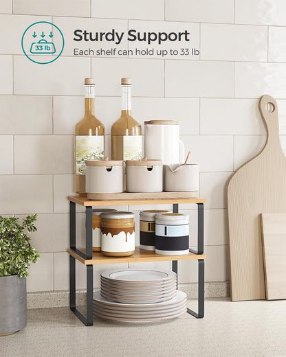 Cabinet Organizer Shelf, Set of 4 Kitchen Counter Shelves, Kitchen Storage, Spice Rack, Stackable, Expandable, Metal and Engineered Wood, Cloud White and Natural Beige UKCS010N01