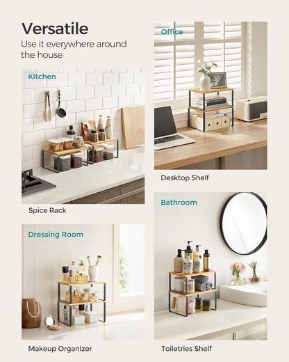 Cabinet Organizer Shelf, Set of 4 Kitchen Counter Shelves, Kitchen Storage, Spice Rack, Stackable, Expandable, Metal and Engineered Wood, Cloud White and Natural Beige UKCS010N01