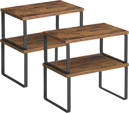 Cabinet Organizer Shelf, Set of 4 Kitchen Counter Shelves, Kitchen Storage, Spice Rack, Stackable, Expandable, Metal and Engineered Wood, Cloud White and Natural Beige UKCS010N01