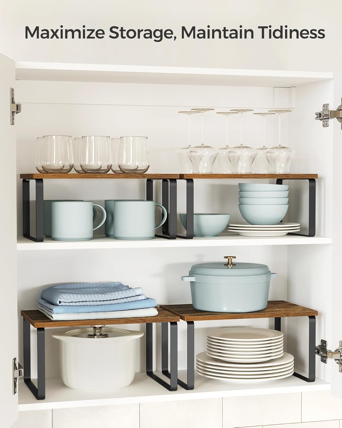 Cabinet Organizer Shelf, Set of 4 Kitchen Counter Shelves, Kitchen Storage, Spice Rack, Stackable, Expandable, Metal and Engineered Wood, Cloud White and Natural Beige UKCS010N01