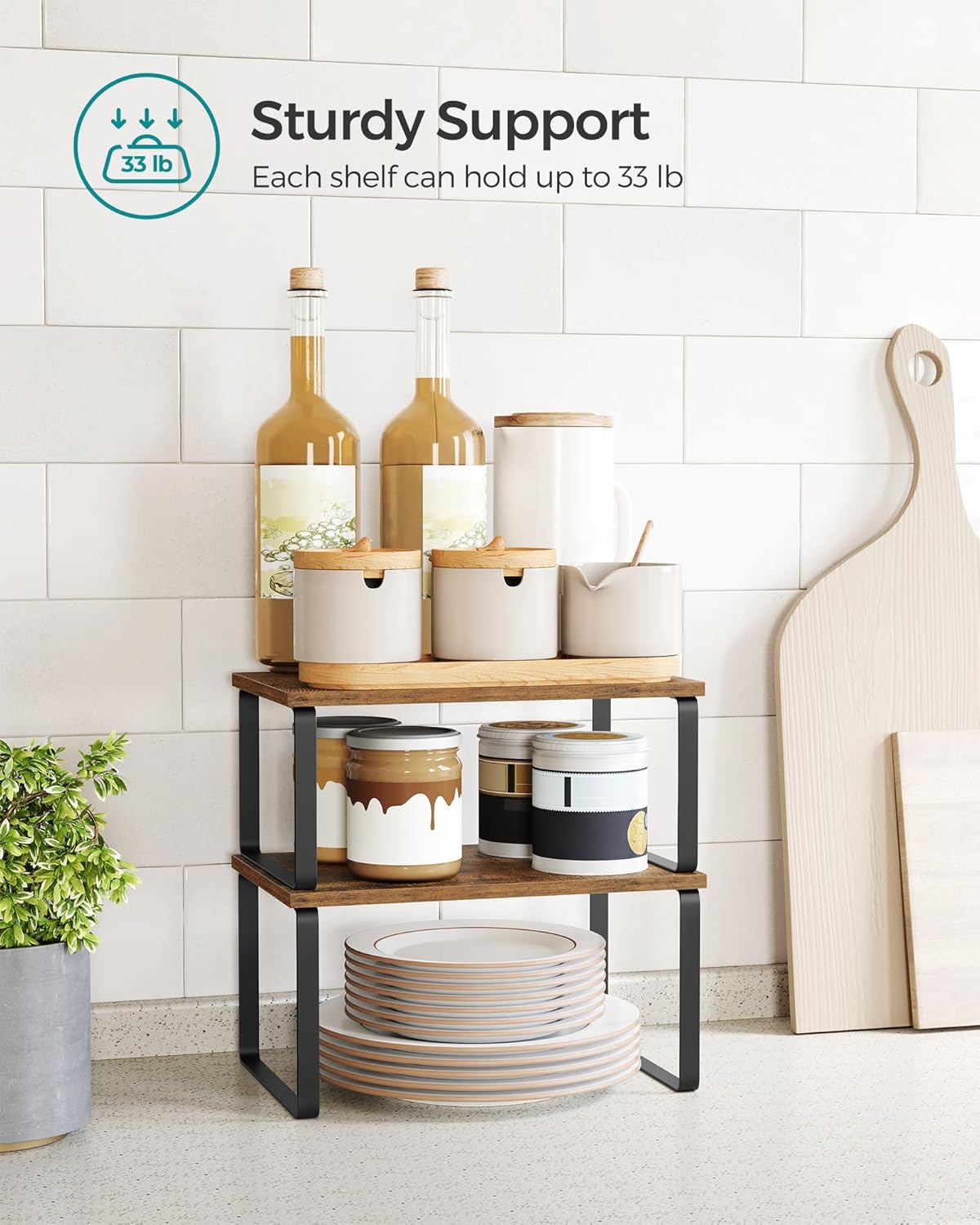 Cabinet Organizer Shelf, Set of 4 Kitchen Counter Shelves, Kitchen Storage, Spice Rack, Stackable, Expandable, Metal and Engineered Wood, Cloud White and Natural Beige UKCS010N01