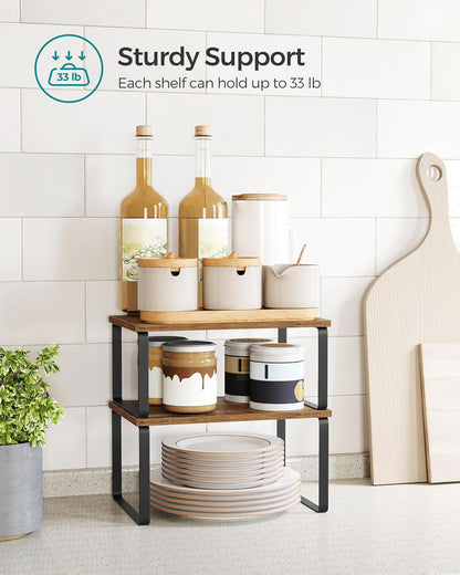Cabinet Organizer Shelf, Set of 4 Kitchen Counter Shelves, Kitchen Storage, Spice Rack, Stackable, Expandable, Metal and Engineered Wood, Cloud White and Natural Beige UKCS010N01